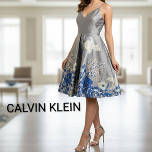 Women's Calvin Klein Gray & Blue Floral Fit & Flare Dress Size 2